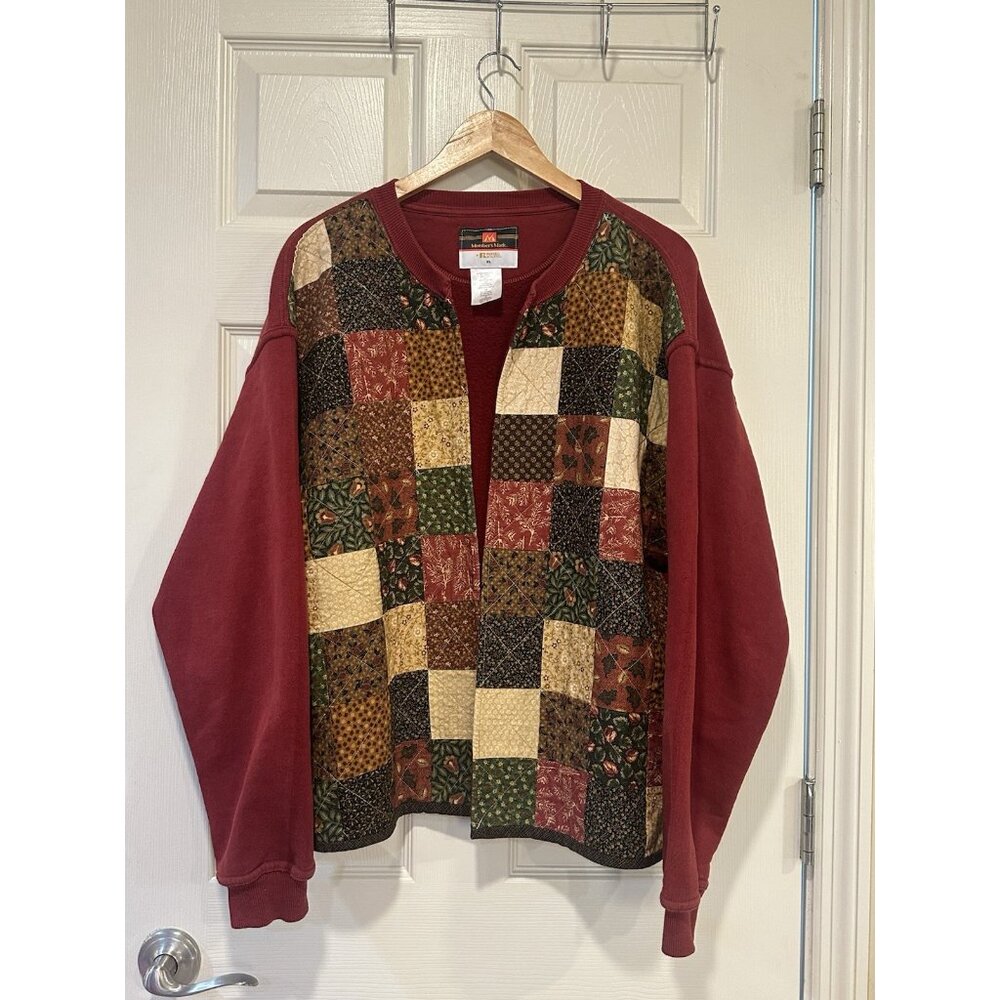 Members Mark Russell Athletico Quilted Patchwork Cardigan Sweatshirt Burgundy XL